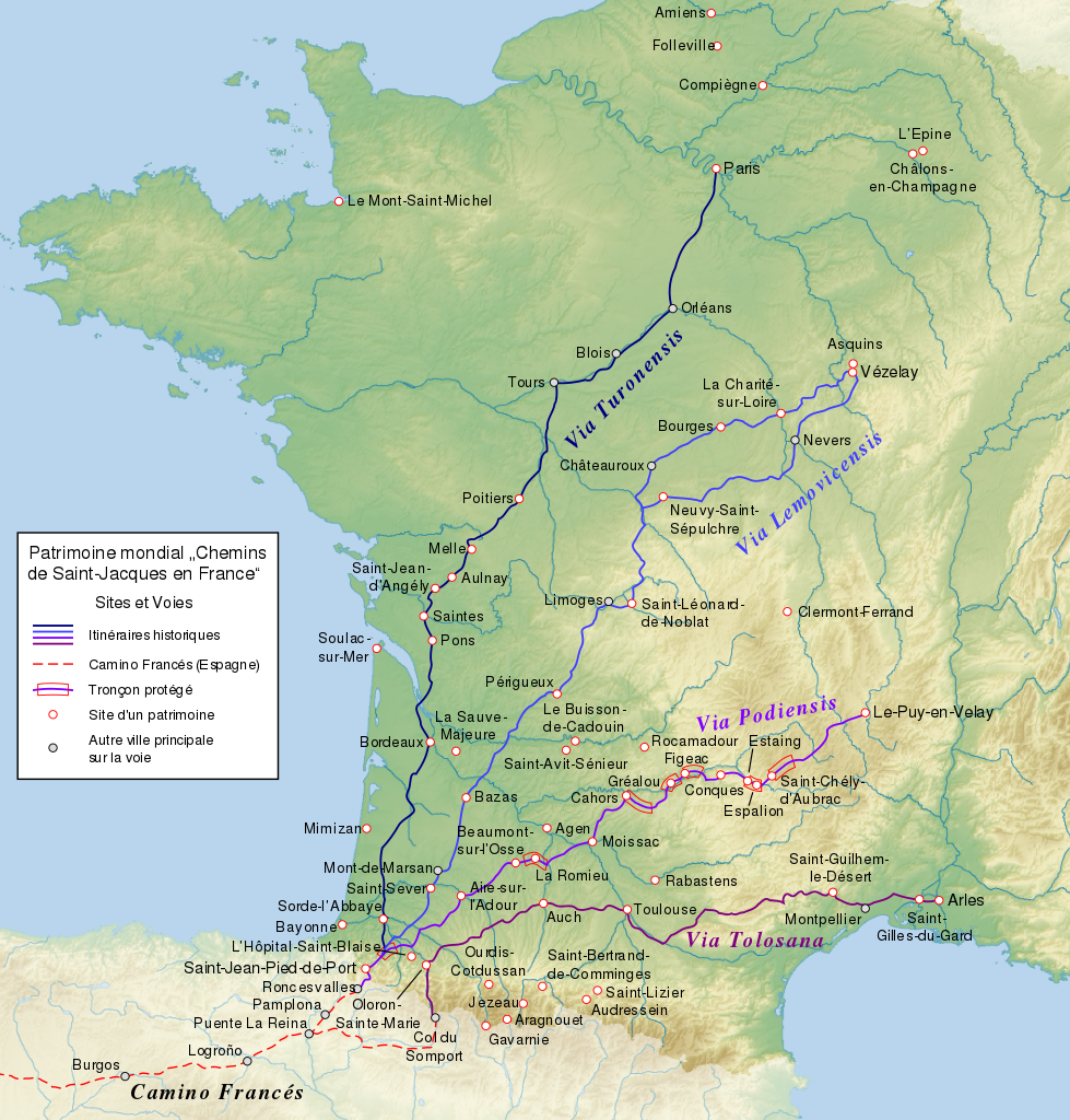 Mapa de las Rutas del Peregrino Francés que llevan a España detallado con rutas y ciudades