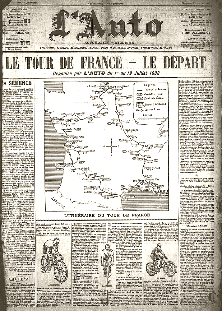 La portada de la revista L'Auto en 1903 con titulares y un mapa del primer Tour de Francia. En blanco y negro