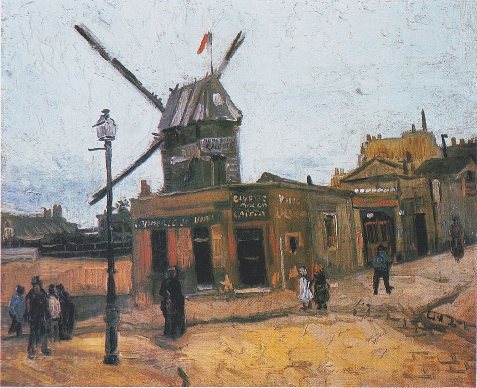 Le Moulin de la Galette de Van Gogh que muestra una colina con un molino y una bandera en la parte superior desde atrás. Edificio alrededor del molino, la lámpara a la izquierda y la gente.