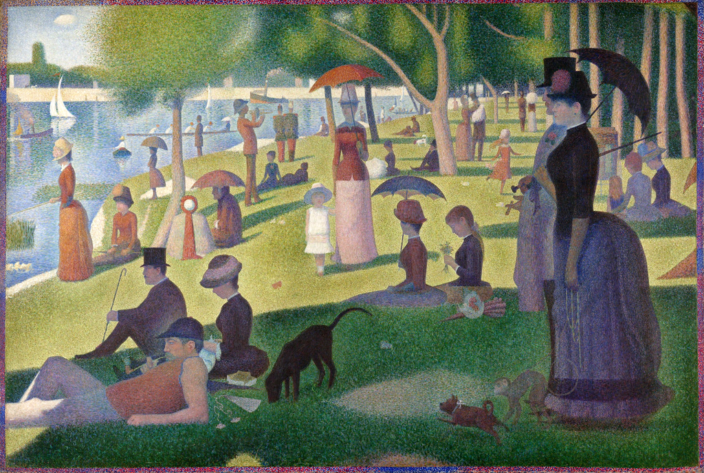 Pintura dominical sobre La Grande Jatte de Georges Suerat lanzando el puntillismo. Pinte miles de pequeños puntos que muestren mujeres, hombres y familias cerca del agua con árboles que dan sombra al frente de la imagen y una mujer con una sombrilla en el centro y mujeres con polisón detrás de los vestidos a la derecha.